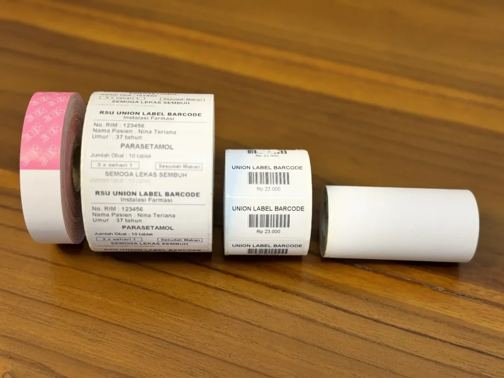 Contoh cetakan roll label barcode thermal untuk farmasi rumah sakit dan harga ritel produksi pabrik Union Label Barcode Surakarta